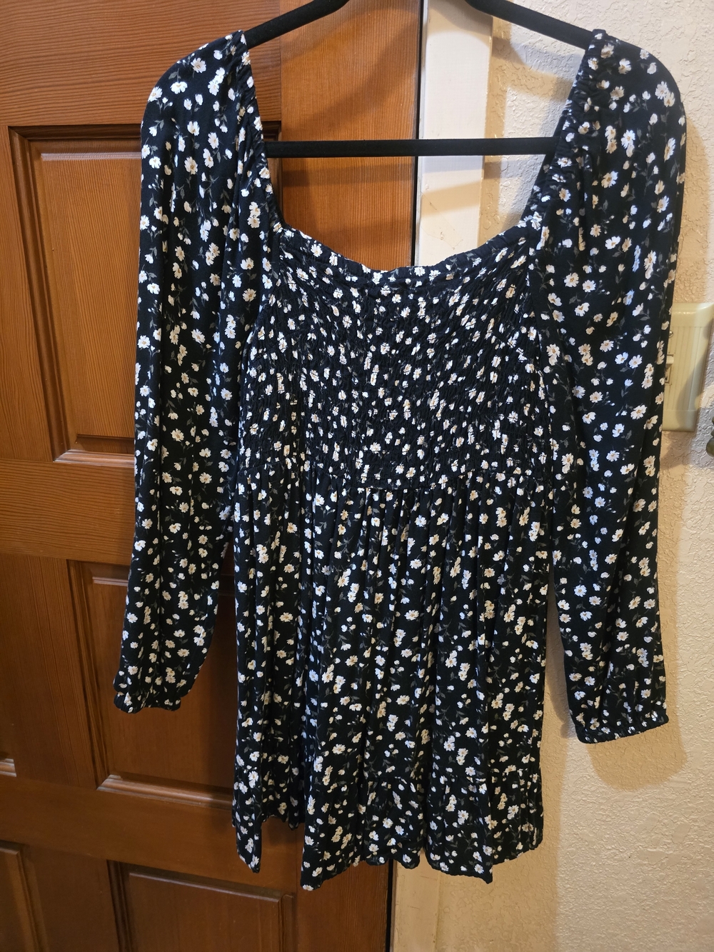 Black Floral Smocked Long Sleeve Mini Dress